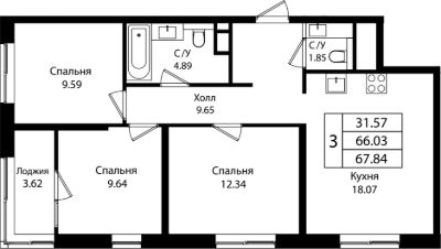 4-комн.кв., 66 м², этаж 15