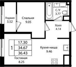 2-комн.кв., 35 м², этаж 15