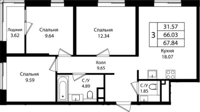 4-комн.кв., 66 м², этаж 6