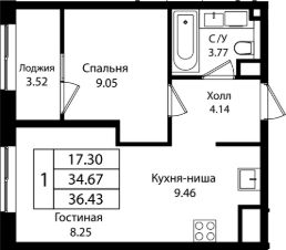 2-комн.кв., 35 м², этаж 16