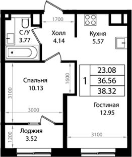 2-комн.кв., 37 м², этаж 2