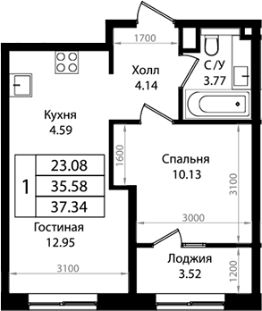 2-комн.кв., 36 м², этаж 4
