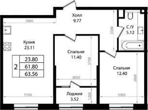 3-комн.кв., 62 м², этаж 7