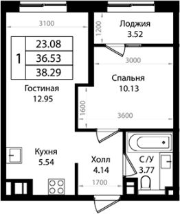 2-комн.кв., 37 м², этаж 15