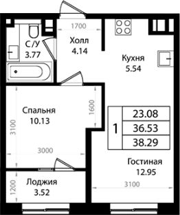 2-комн.кв., 37 м², этаж 11