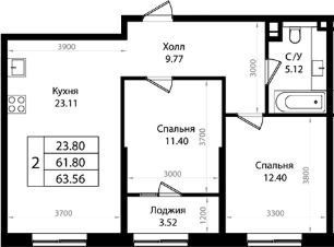 3-комн.кв., 62 м², этаж 13