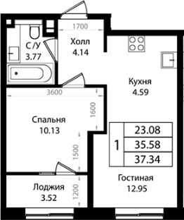 2-комн.кв., 36 м², этаж 10