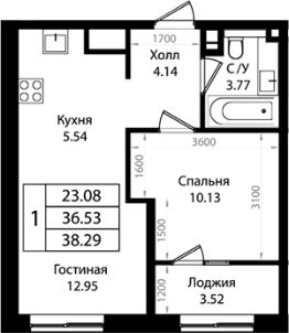 2-комн.кв., 37 м², этаж 5