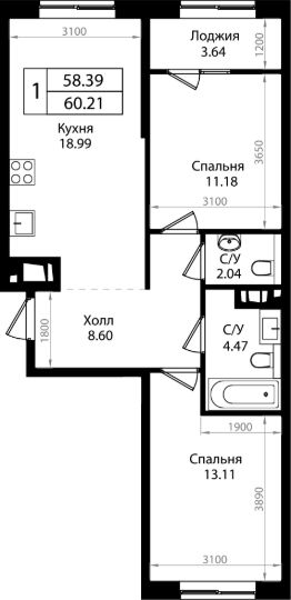 3-комн.кв., 58 м², этаж 13