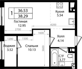 2-комн.кв., 37 м², этаж 6