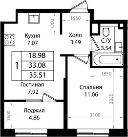 1-комн.кв., 33 м², этаж 6