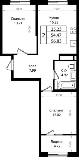 3-комн.кв., 54 м², этаж 6