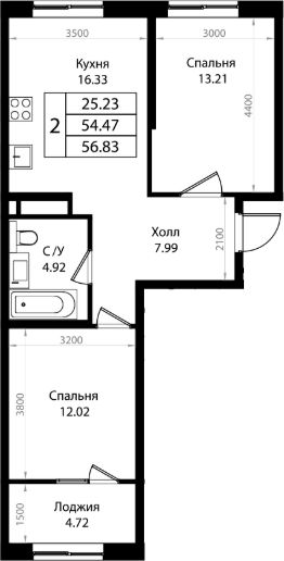 3-комн.кв., 54 м², этаж 3