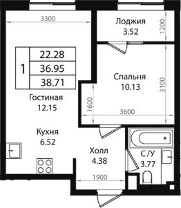 2-комн.кв., 37 м², этаж 2