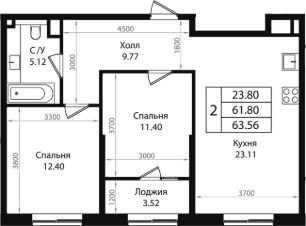 3-комн.кв., 62 м², этаж 5