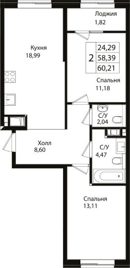 3-комн.кв., 58 м², этаж 12