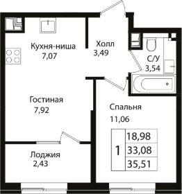 2-комн.кв., 33 м², этаж 3