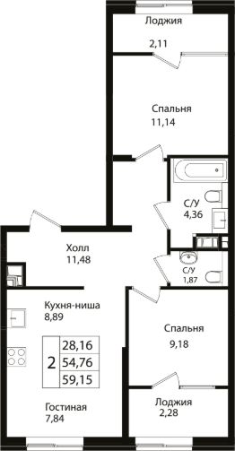 3-комн.кв., 55 м², этаж 7