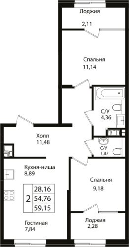 3-комн.кв., 55 м², этаж 5