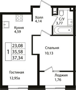 2-комн.кв., 36 м², этаж 13