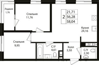 3-комн.кв., 56 м², этаж 2