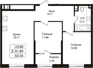 3-комн.кв., 62 м², этаж 3