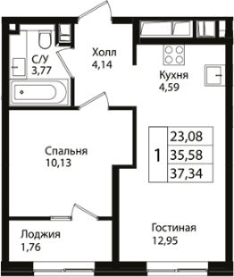 2-комн.кв., 36 м², этаж 4