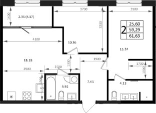 2-комн.кв., 59 м², этаж 3