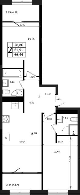 3-комн.кв., 62 м², этаж 7