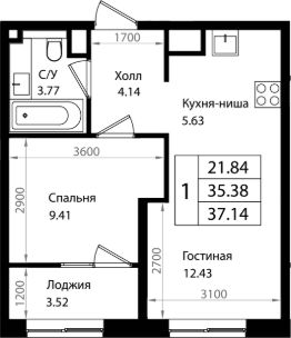 2-комн.кв., 35 м², этаж 10