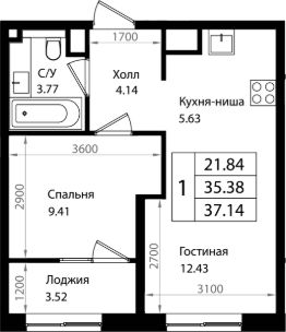 2-комн.кв., 35 м², этаж 5