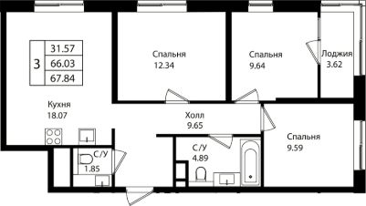 4-комн.кв., 66 м², этаж 16