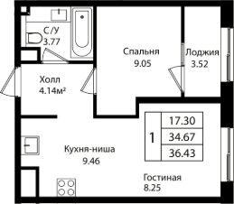 2-комн.кв., 35 м², этаж 10