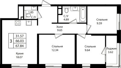 4-комн.кв., 66 м², этаж 6