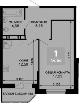1-комн.кв., 43 м², этаж 2