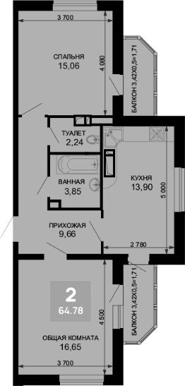 2-комн.кв., 61 м², этаж 4