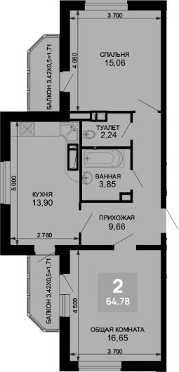 2-комн.кв., 61 м², этаж 15