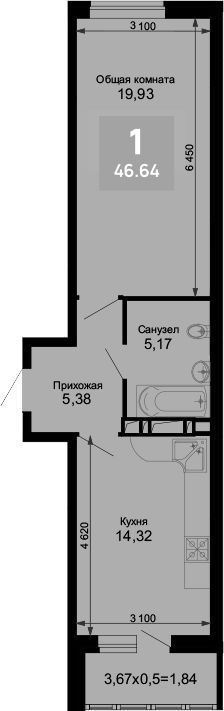1-комн.кв., 45 м², этаж 8