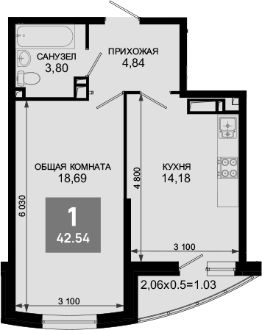 1-комн.кв., 42 м², этаж 16