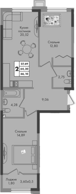 2-комн.кв., 64 м², этаж 7