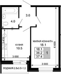 1-комн.кв., 36 м², этаж 2