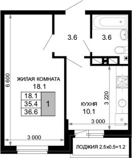 1-комн.кв., 35 м², этаж 3