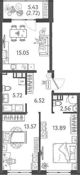 3-комн.кв., 57 м², этаж 2