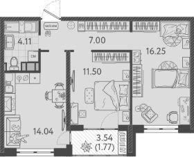 2-комн.кв., 53 м², этаж 4