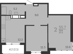 2-комн.кв., 54 м², этаж 3