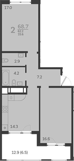 2-комн.кв., 62 м², этаж 18