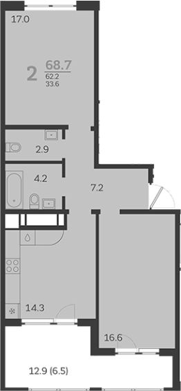 2-комн.кв., 62 м², этаж 21