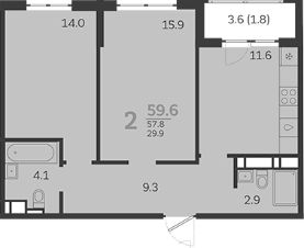 2-комн.кв., 58 м², этаж 6