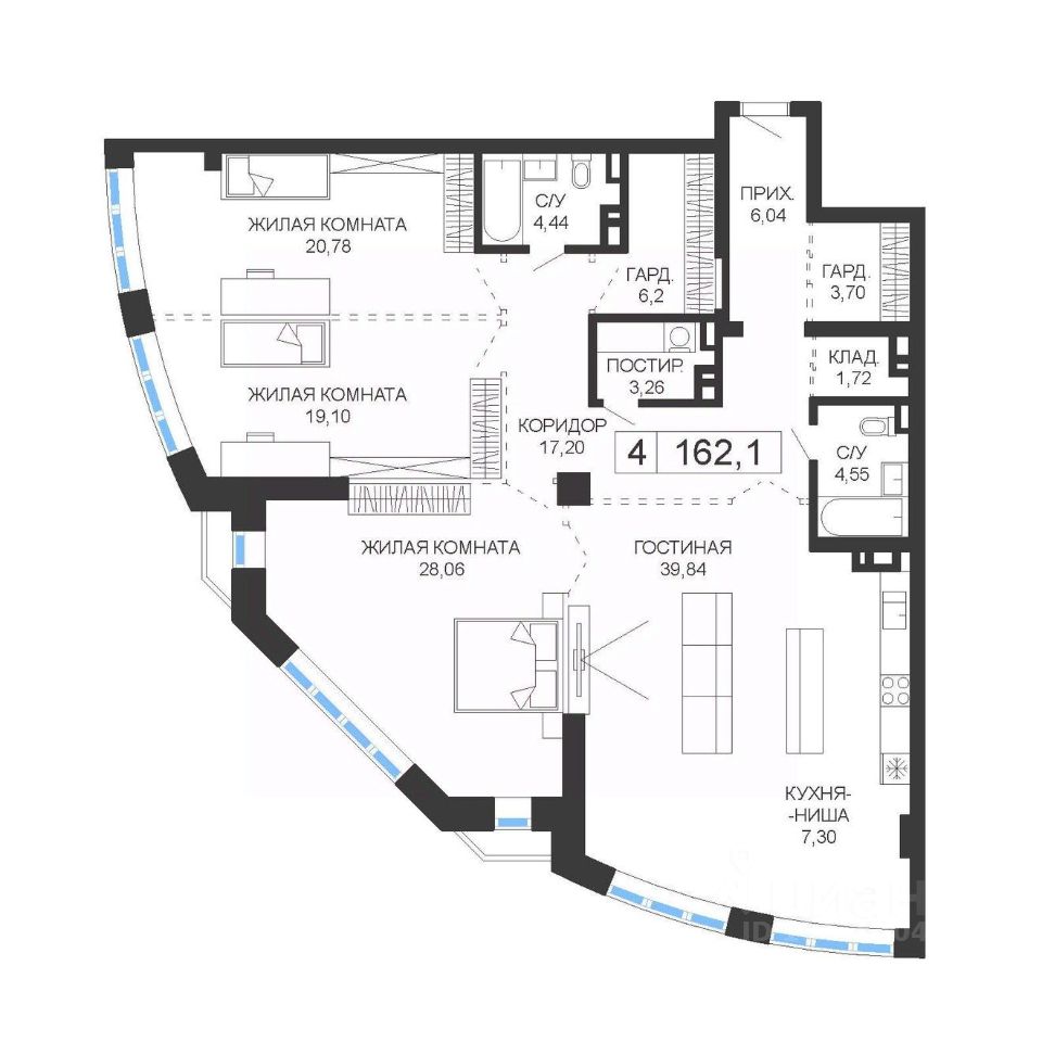 Купить четырехкомнатную квартиру 162,1м² Океанский просп., 52, Владивосток,  Приморский край - база ЦИАН, объявление 291581559