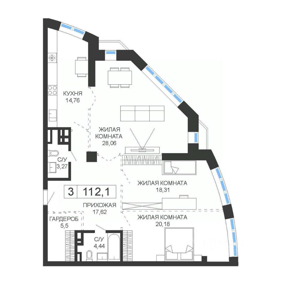 Купить трехкомнатную квартиру 112,1м² Океанский просп., 52, Владивосток,  Приморский край - база ЦИАН, объявление 288661779